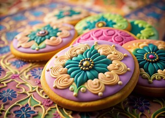 Fototapeta premium Elegant Damask Cookies: Candid Photography of Exquisitely Decorated Biscuits on a Luxurious Background