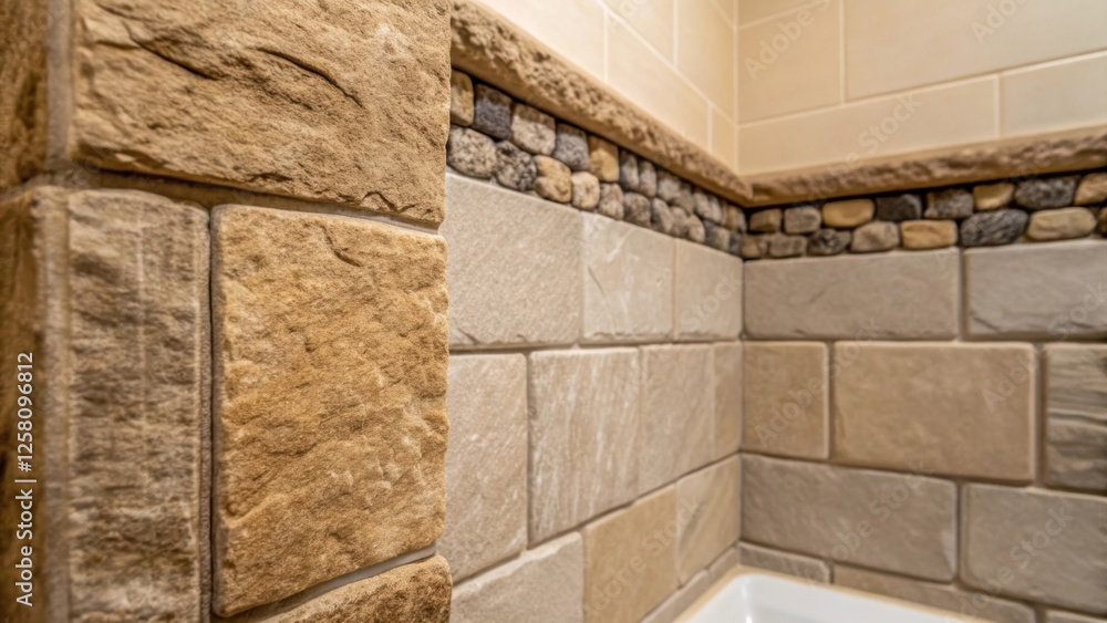 Aufkleber An upclose image highlighting a roughhewn stone tile border encircling a shower area creating a rustic charm that complements the smooth contemporary tiles of the main wall.