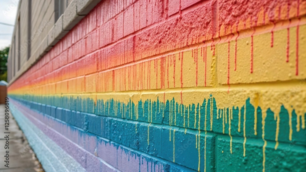 Poster An upclose image of a painted feature wall featuring a drip technique that creates a cascading texture emphasizing bright colors and fluid movement.