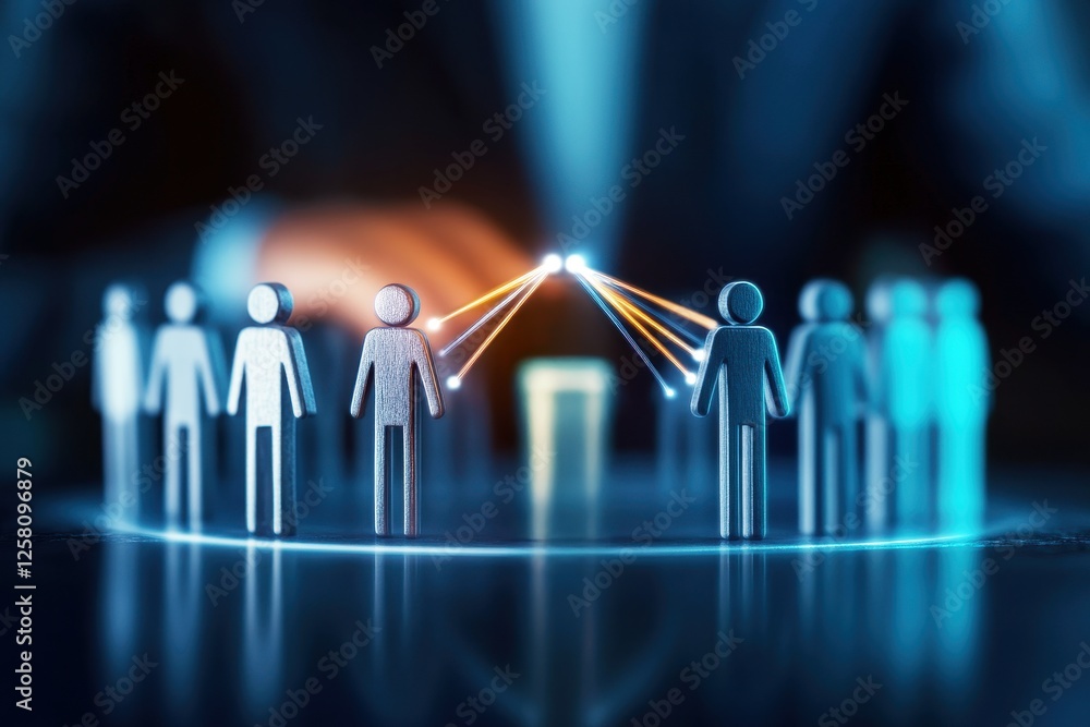 Poster abstract representation of teamwork and collaboration with human figures connected through light bea