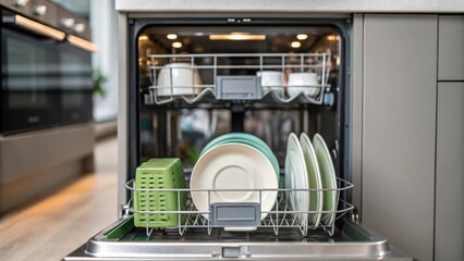 An undersink view of a dishwasher with waterefficient features with a blurred background of ecofriendly dishware being loaded inside.
