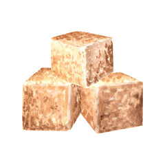 Brown sugar cubes. Hand drawn watercolor illustration isolated. Product of sugar cane processing. Natural sweet food design. Ingredient for cooking and bakery. Organic sweetener for drink. Clipart.