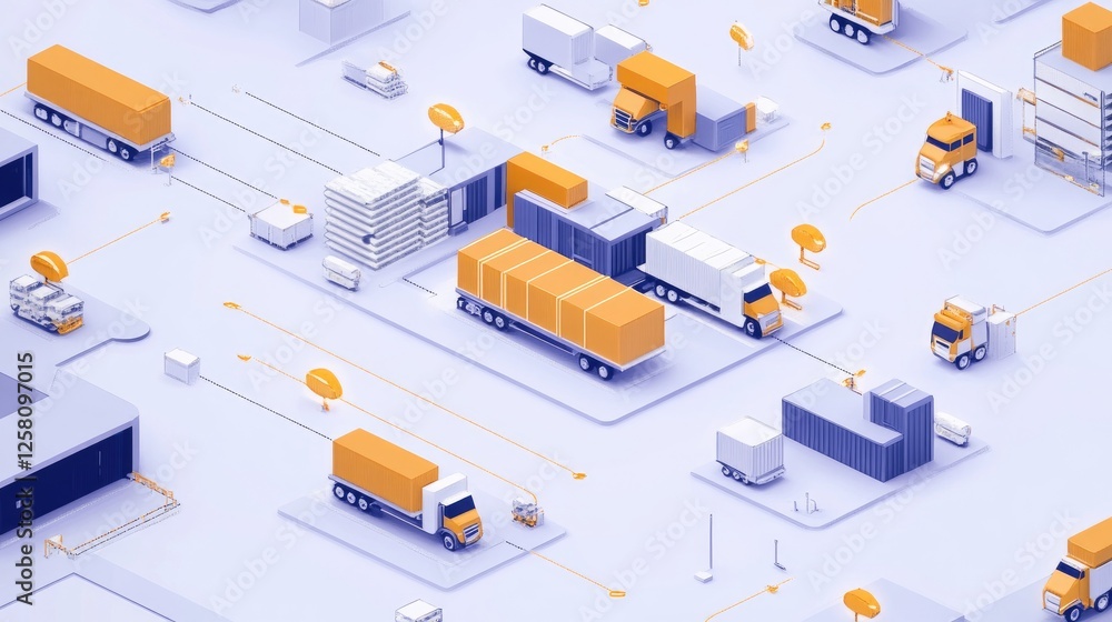 Poster an interconnected logistics network featuring dynamic routes, transport vehicles, and efficient hubs