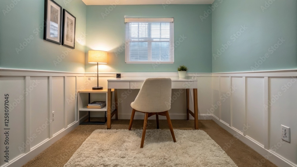 Poster a serene corner by the bedroom presenting a simple desk and chair arrangement with a soft rug undern