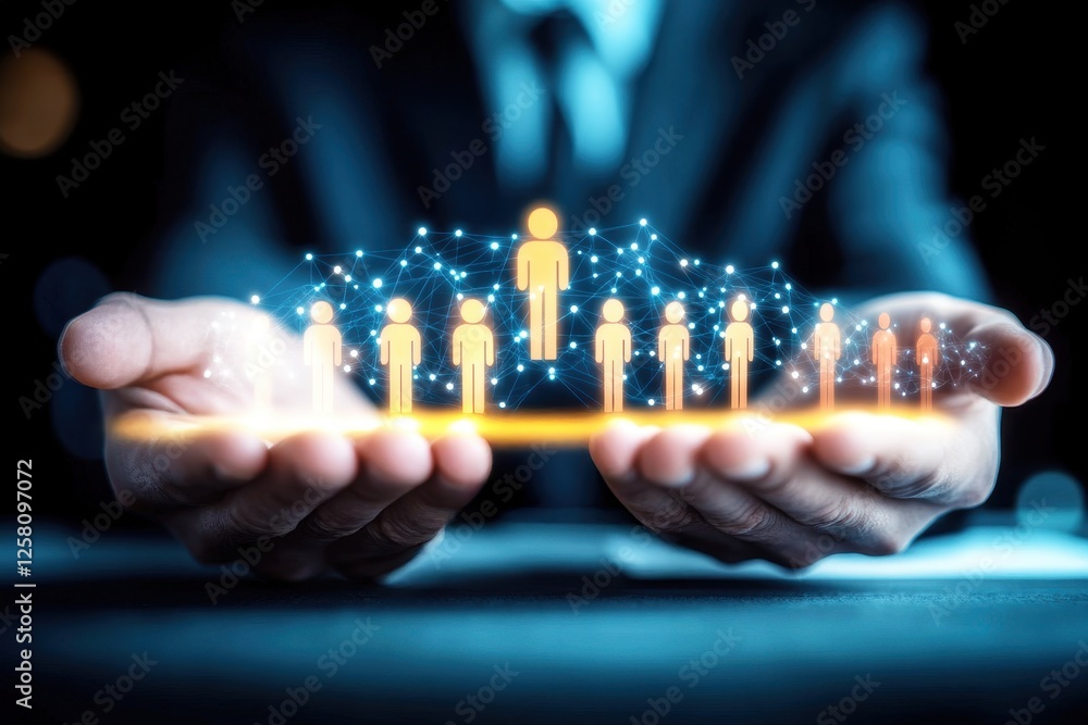 Poster hands holding digital network of human figures representing connections and interactions in a profes