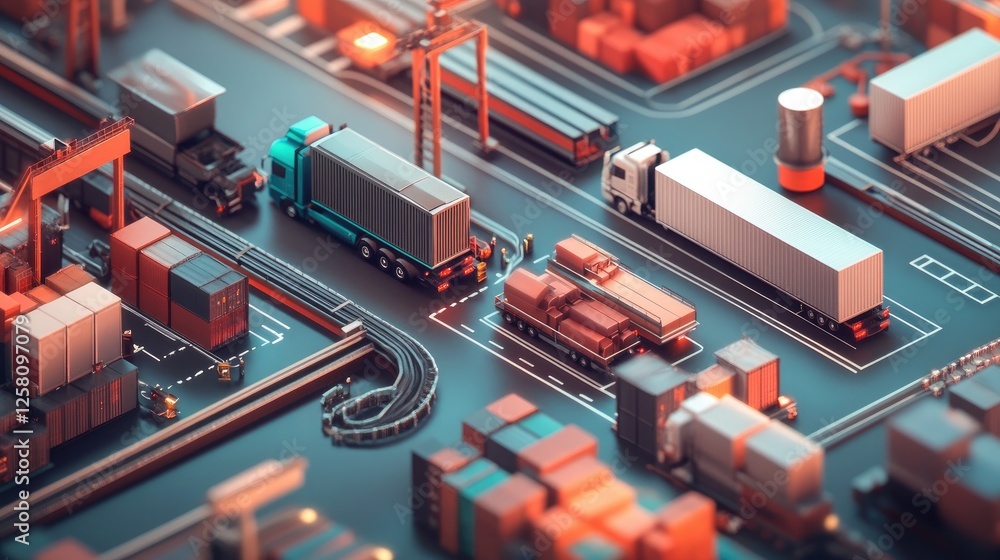 Poster an interconnected logistics network featuring dynamic routes, transport vehicles, and efficient hubs