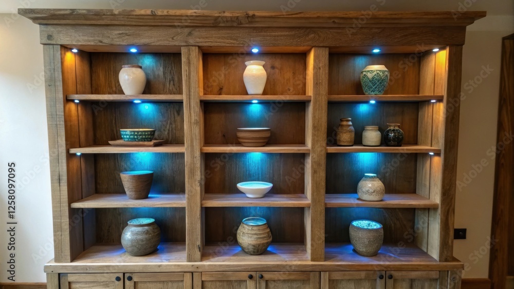 Poster A rustic shelving unit enhanced with soft blue LED lights embedded in the back panel accentuating a handcrafted pottery collection against warm wood tones.