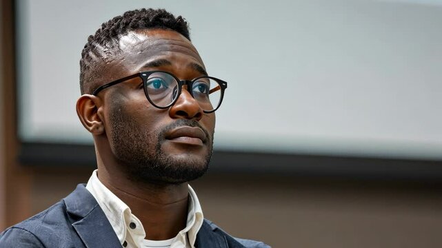 influential black businessman, a poised public speaker with calm presence and professional competence, captivating the audience. Selective focus.