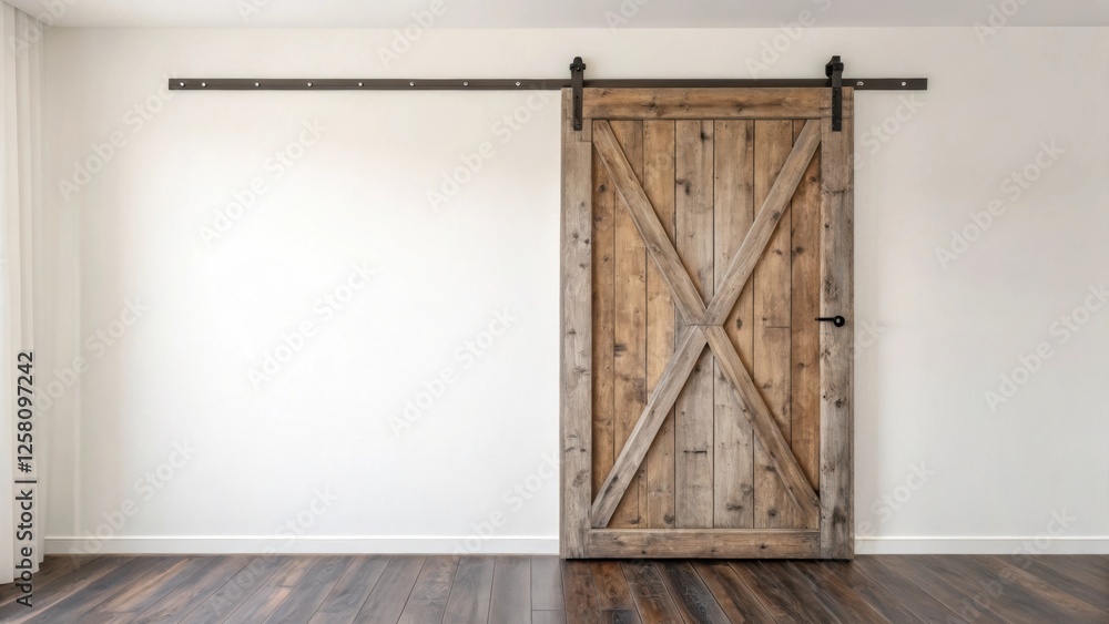 Poster a side view of the completed installation showcasing the rustic charm of the barn door against a min