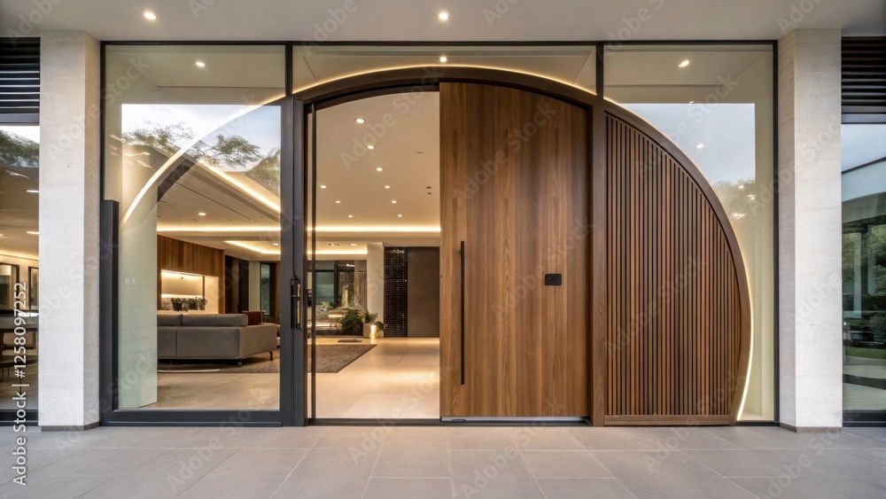 Aufkleber A side profile shot of a pivot door in motion capturing the elegant arc as it swings symbolizing fluidity and effortless access in a modern living environment.