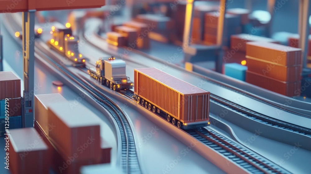 Poster an interconnected logistics system, illustrating dynamic routes, modern transport vehicles, and effi