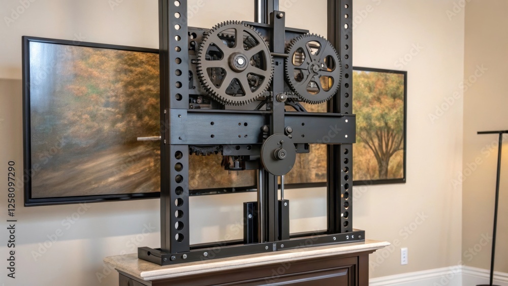Poster a side view of a motorized tv lift mechanism highlighting the intricate gears and robust constructio