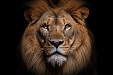 Fototapeta premium photograph of Male lion sitting, dignified posture, black background