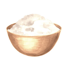 Wodden bowl with white sugar. Hand drawn watercolor illustration isolated. Product of sugar beets processing. Clipart of salt, flour, powder. Ingredient for cooking and bakery. Sweetener for beverage.