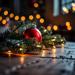 Festive christmas scene with a shiny red ornament and pine branches on rustic wooden surface illuminated by warm glowing lights creating a cozy atmosphere Bokeh light lights background bokeh abst