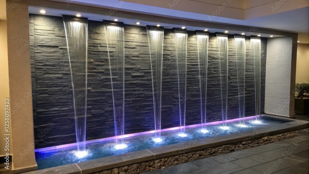 Poster A stylish indoor water wall featuring vertical streams of water gently running down a textured slate surface creating a calming atmosphere enhanced by adjustable LED lighting.