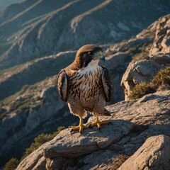 A lone falcon standing on the edge of a rocky cliff.