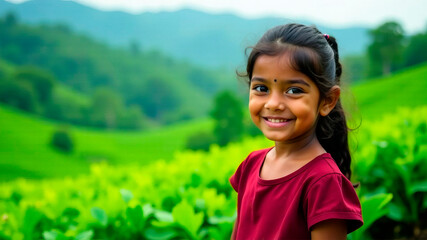 Sri lankan little smiling girl with tea plantations in the background