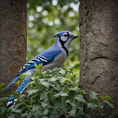 A flock oA blue jay peeking out from behind tree leaves.f birds resting on an abandoned fortress wall.