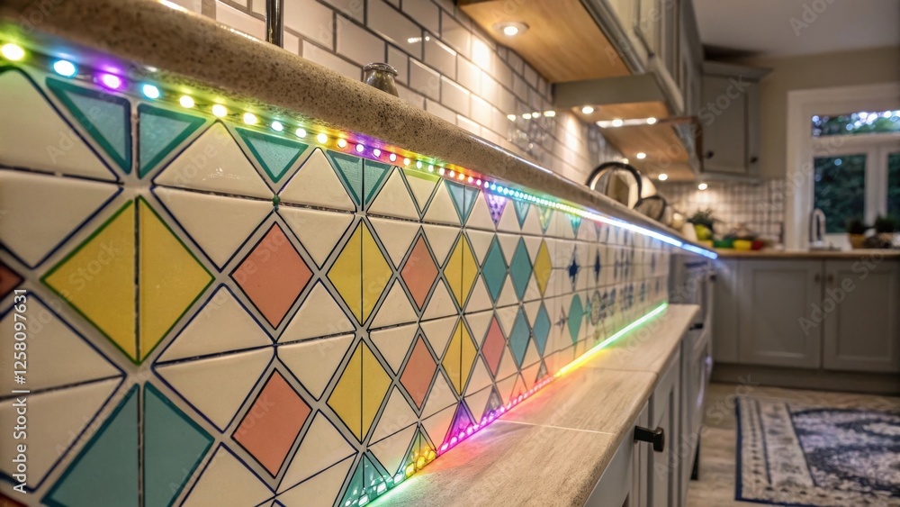 Poster A vibrant closeup of geometricpatterned tiles with embedded LEDs along the grout lines adding a modern flair and visual depth to the kitchen space.