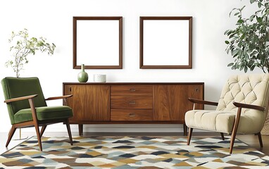 Mid-century modern living room interior design, featuring two armchairs and a sideboard, with blank frames on the wall