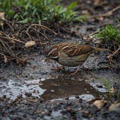 A sparrow playing in a puddle near a tree&rsquo;s roots.