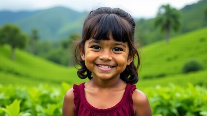 Sri lankan little smiling girl with tea plantations in the background