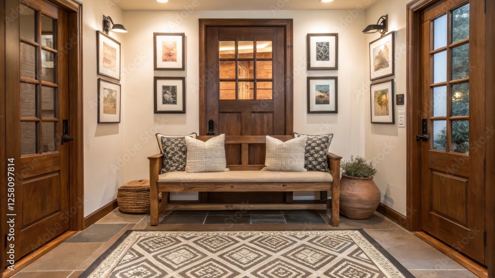 Aufkleber a warm inviting entrance showcasing a rustic wooden bench with plush cushions surrounded by framed a
