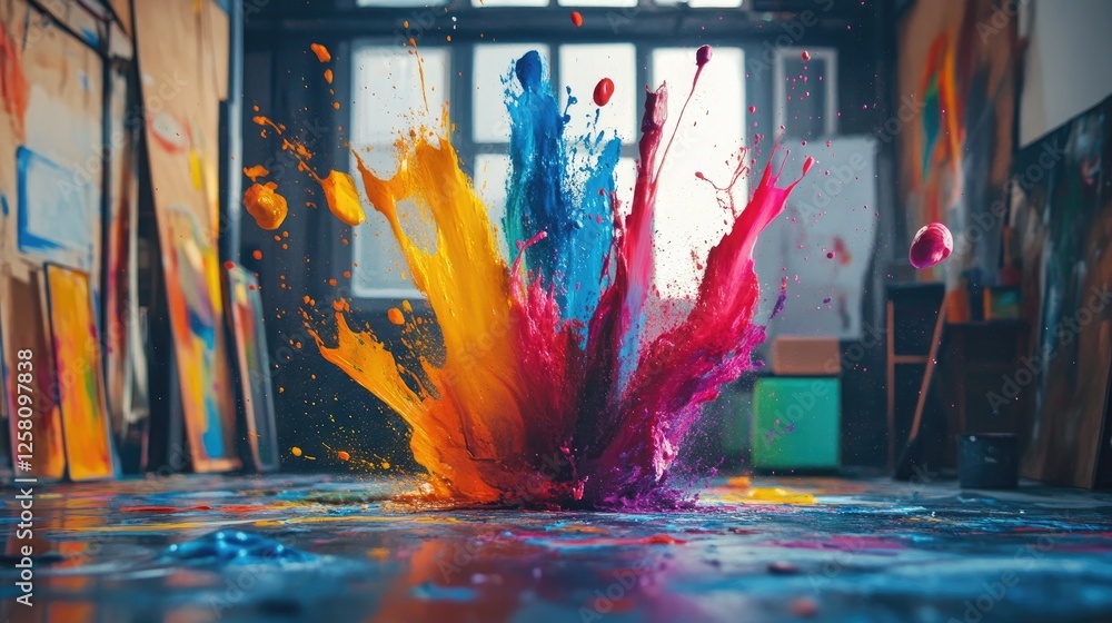 Poster Artistic studio with vibrant paint splashes in action, creating an abstract background, capturing the energy and fluidity of creative expression through colorful brush strokes