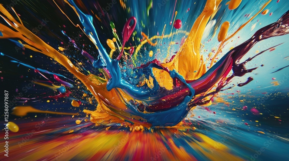 Poster Artistic studio with vibrant paint splashes in action, creating an abstract background, capturing the energy and fluidity of creative expression through colorful brush strokes