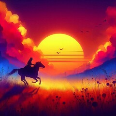 Fototapeta premium Lone cowboy riding into a glowing sunset landscape.