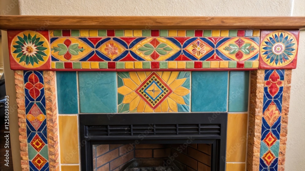 Poster closeup of a bright ceramic tiled fireplace with a vibrant mosaic pattern drawing attention to the a