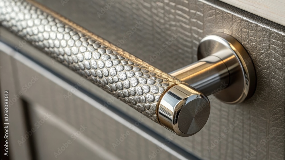 Poster Closeup focus on a modern handle with a textured surface reflecting light and emphasizing the craftsmanship and detail in its design.