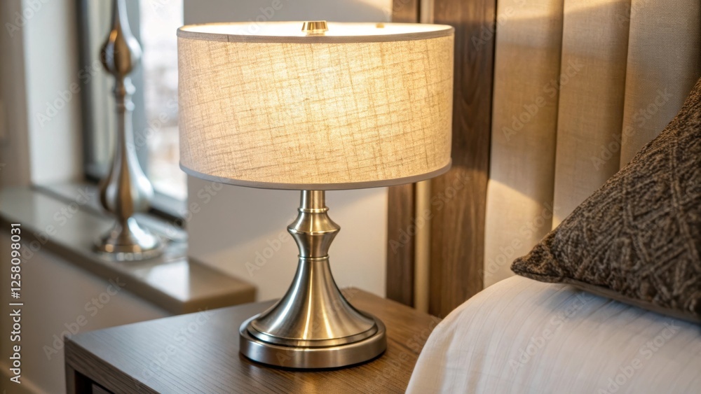 Aufkleber Closeup of a bedside lamp with a brushed metal finish seamlessly transitioning into an integrated reading light that creates a sophisticated ambiance.