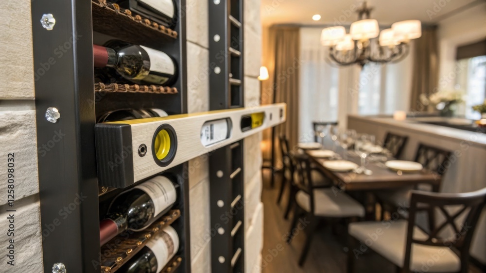 Aufkleber Closeup focus on a level tool p on the edge of a wallmounted wine rack emphasizing precision in the installation process with a blurred background of dining area details.