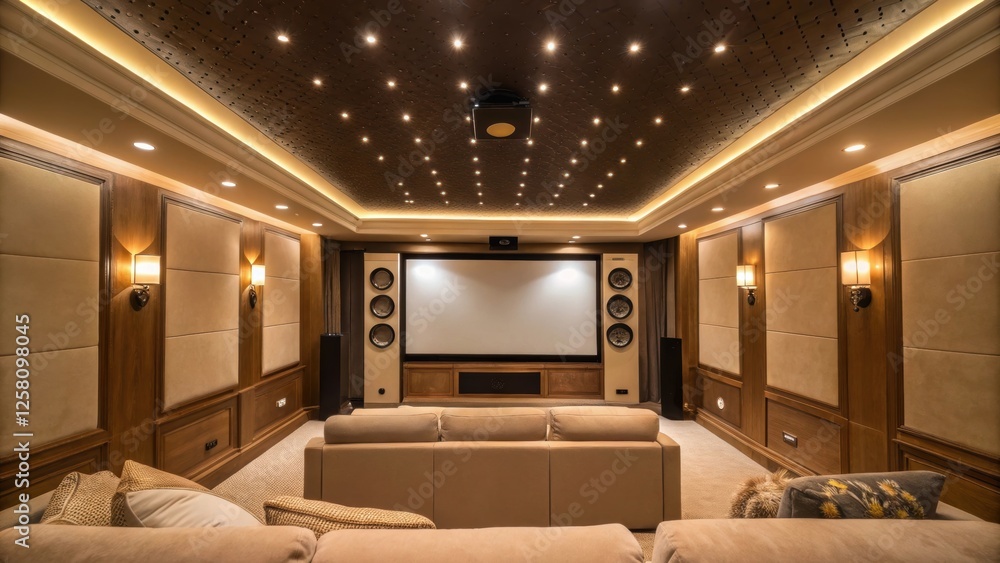 Poster closeup of a beautifully lit entertainment room with ceiling speakers installed showcasing subtle li