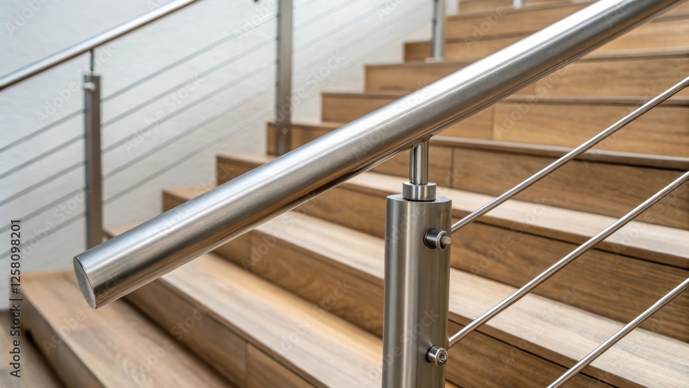Poster closeup of a contemporary railing design crafted from brushed stainless steel highlighting the smoot