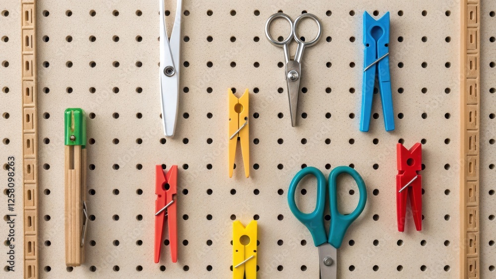 Poster Closeup of a customized pegboard wall installation featuring various hooks and clips artistically holding laundry tools scissors and clothespins maximizing space efficiency.