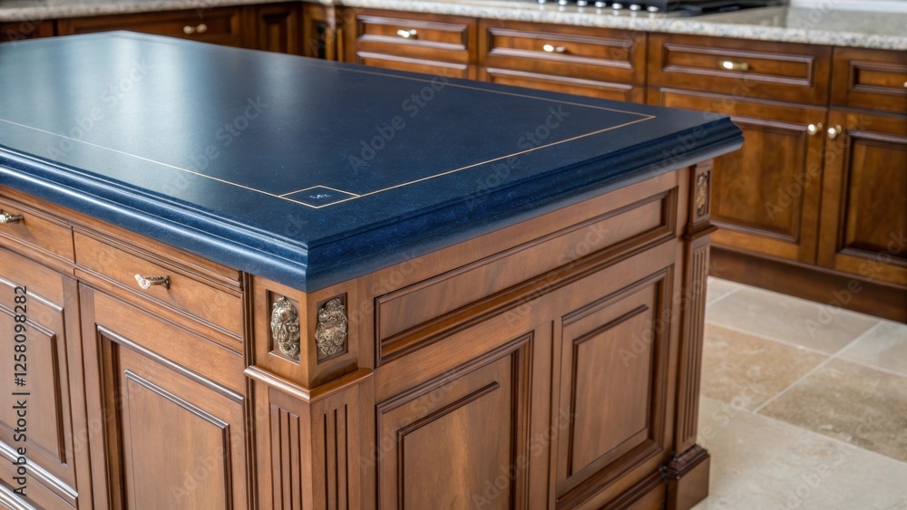 Poster closeup of a contrasting countertop and cabinetry color scheme on a kitchen island highlighting the 