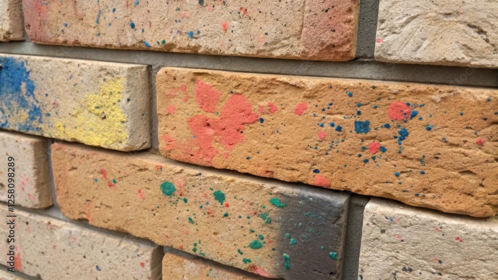 Poster closeup of a brick veneer piece with paint splatters blending unexpected color with the traditional 