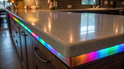 Closeup of a countertop surface illuminated from beneath showcasing a vibrant pattern of colors reflecting off the polished edges.