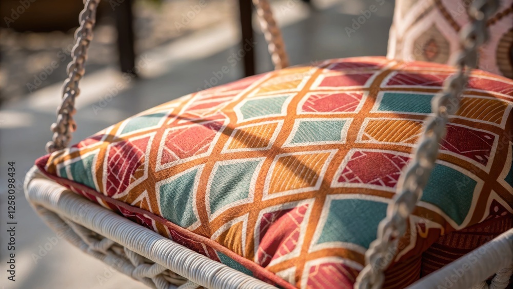 Poster Closeup of a fabric patterned cushion on a hanging swing chair highlighting the vibrant colors and textures while soft shadows play across the surface.