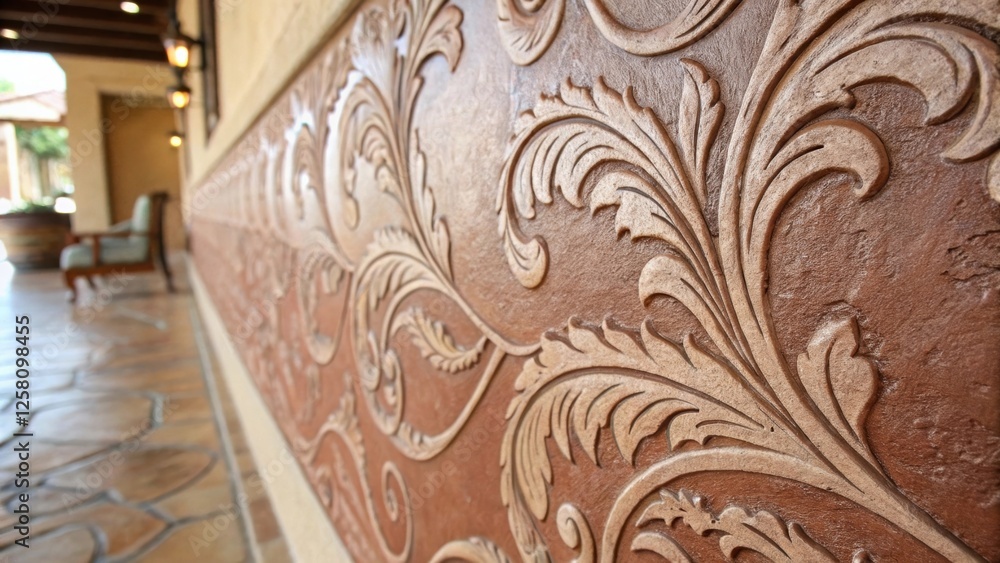 Poster Closeup of a freshly applied decorative plaster featuring a dynamic blend of soft earth tones with a subtle sheen enhancing the intricate patterns.