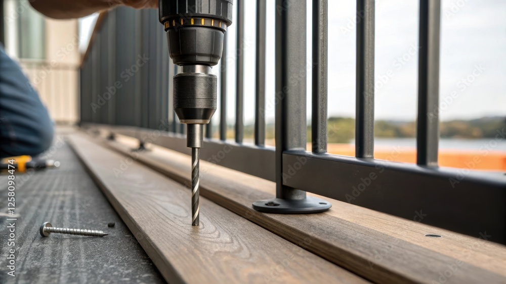 Poster Closeup of a drill bit piercing the balcony floor as a worker secures the railing posts with precision the focus revealing detailed textures of the materials.