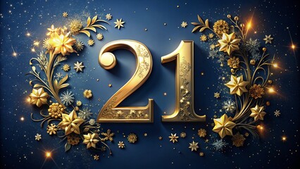Elegant Gold 21st Birthday Background: Navy Stars & Floral Design