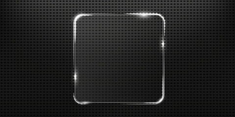 Neon glass square frame with glow and sparkle effect.  Glass banner realistic with neon frame. Glass or mirror with lighting	
