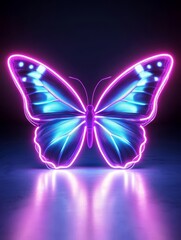 Fototapeta premium Neon Butterfly Glow - Vibrant neon butterfly with purple and blue light, reflecting on a dark surface