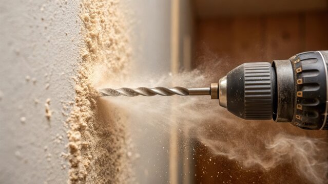 Closeup of a drill bit starting to trate drywall dust swirling as the bit begins its ascent into the wall highlighting the installation process.