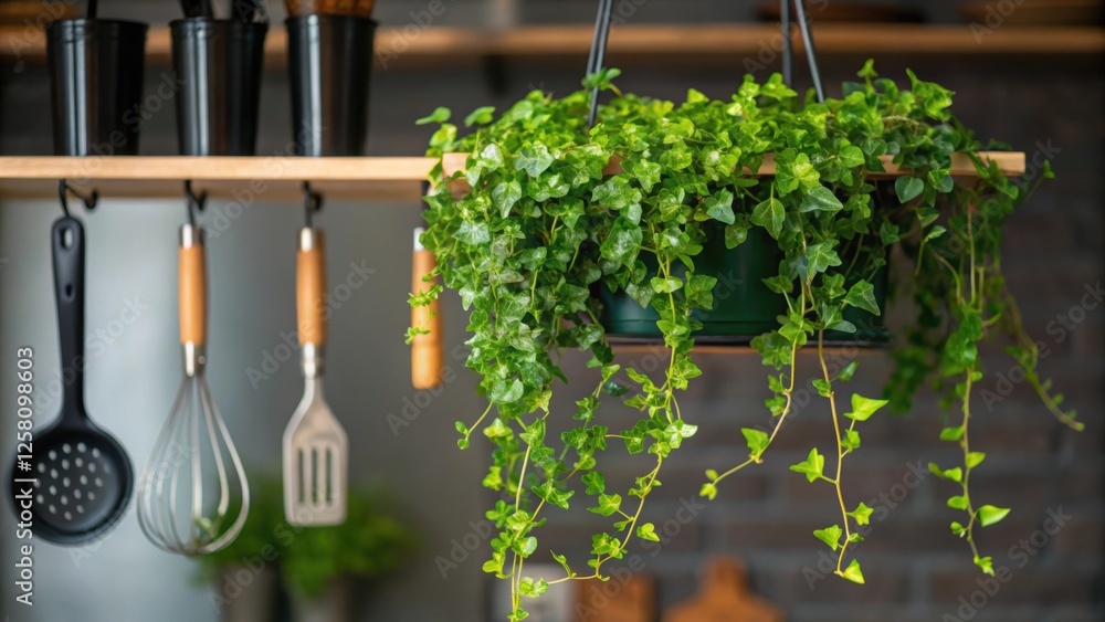 Poster closeup of a hanging shelf with a vibrant assortment of trailing ivy intertwining with kitchen utens