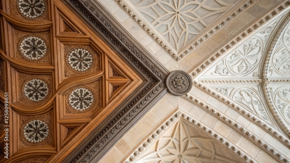 Poster closeup of a junction where two different ceiling shapes meet capturing the transition point and the